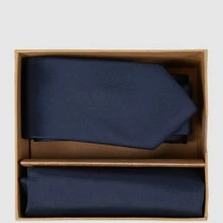 Seidenfalter Krawatte (6 Cm) Und Einstecktuch Im Set - Marineblau