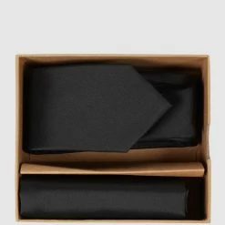 Seidenfalter Krawatte (6 Cm) Und Einstecktuch Im Set - Schwarz